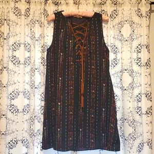 navy dress with suede tie front